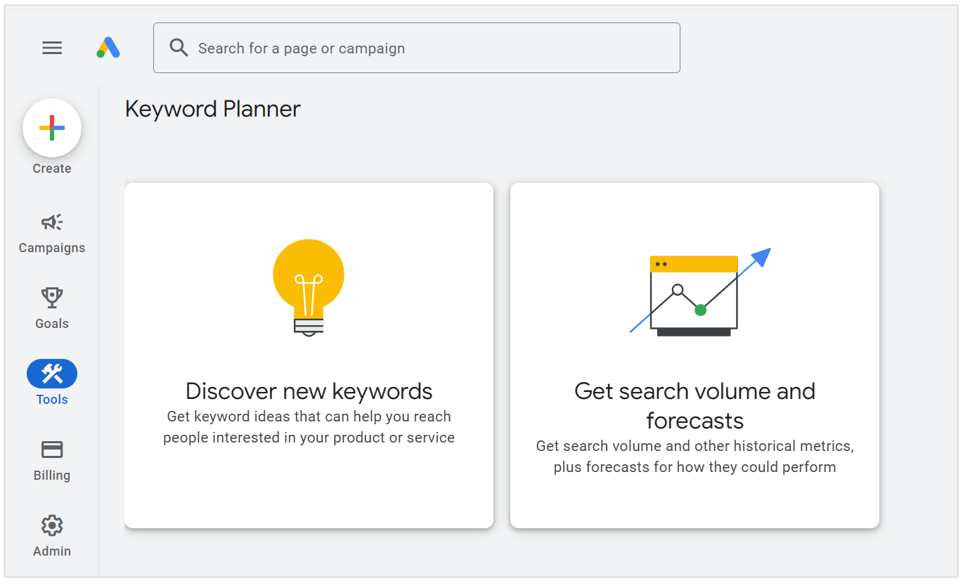 interfaccia di google keyword planner